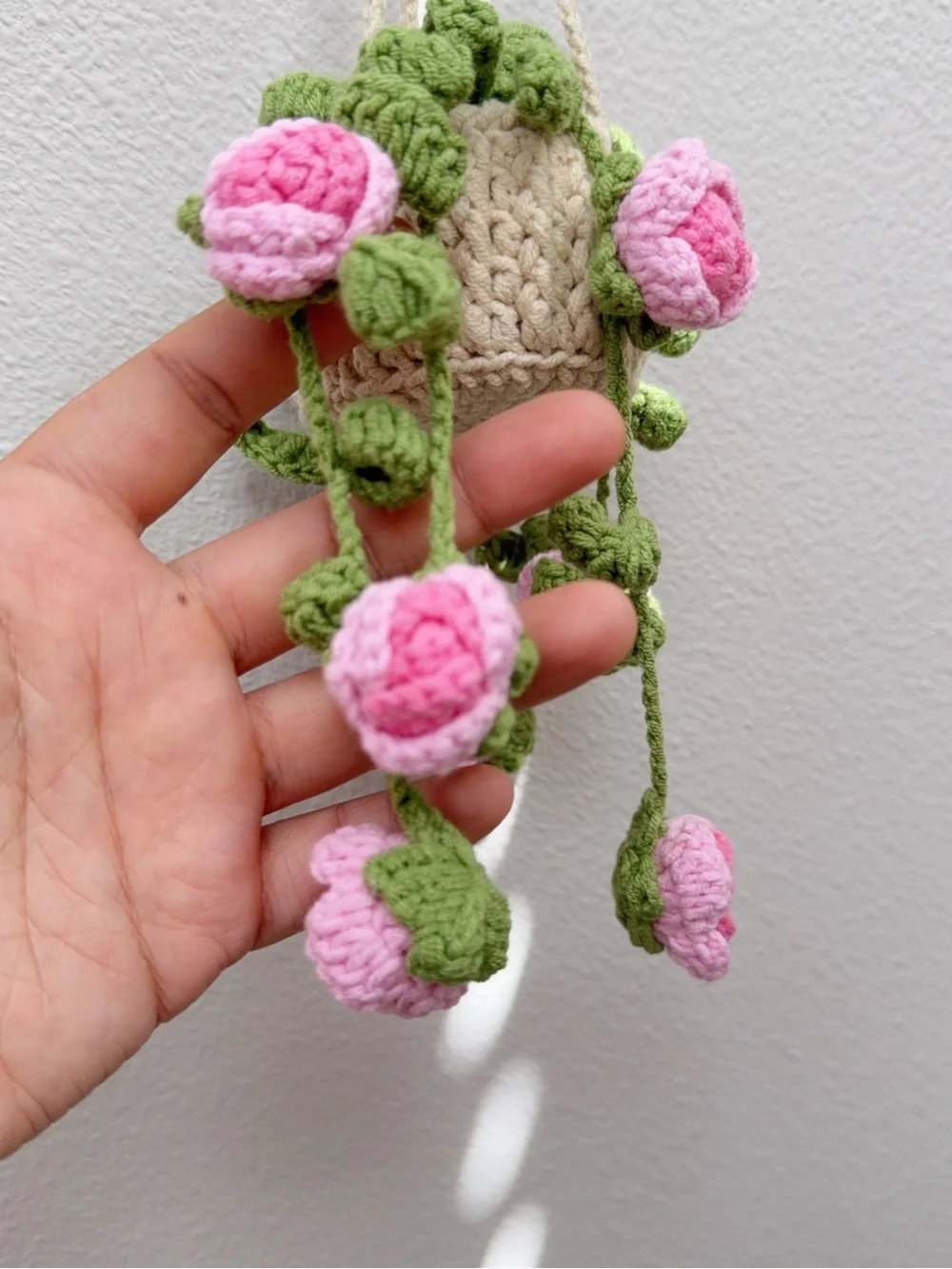 Handmade Pink & Green Crocheted Hanging Wall Plant Decor